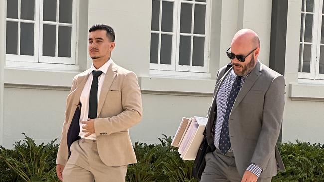 Abhishesh Bista arriving at Rockhampton courthouse with solicitor Grant Cagney ahead of his trial in the Rockhampton District Court on February 10, 2025, where he entered pleas of not guilty to four counts of indecent treatment of children and two of sexual assault.