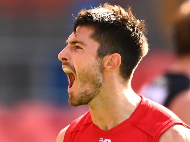 GOLD COAST, AUSTRALIA - SEPTEMBER 19: Alex Neal-Bullen of the Demons celebrates kicking a goal during the round 18 AFL match between the Essendon Bombers and the Melbourne Demons at Metricon Stadium on September 19, 2020 in Gold Coast, Australia. (Photo by Quinn Rooney/Getty Images)