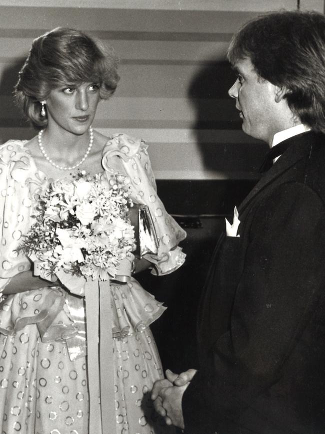 April 1983. Princess Diana meets John Farnham after a performance at the Melbourne Concert Hall.