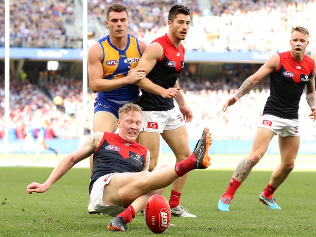 Clayton Oliver slips here, but the Demons would overcome the Eagles. Picture: vGetty Images