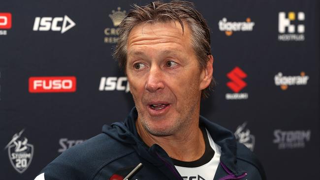 MELBOURNE, AUSTRALIA - JUNE 09:  Melbourne Storm coach Craig Bellamy speaks to the media during a press conference at AAMI Park on June 9, 2018 in Melbourne, Australia.  (Photo by Kelly Defina/Getty Images)