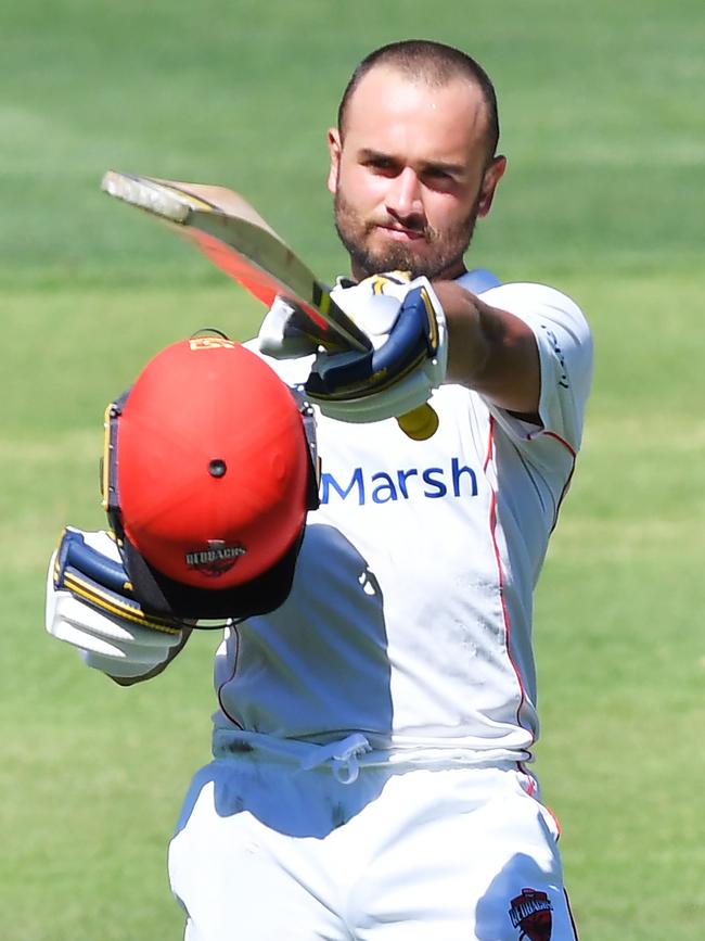 Jake Weatherald celebrates scoring a century for South Australia against Victoria at Adelaide Oval in 2022. Picture: Mark Brake/Getty Images