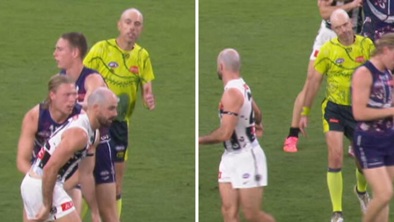 The dynamic between Collingwood and the umpire on Friday night was intriguing.