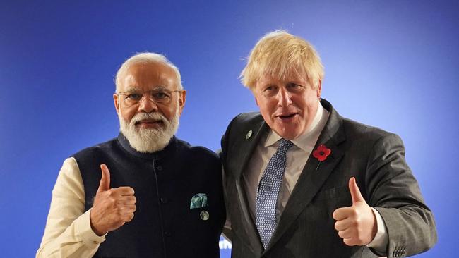 Narendra Modi meets with Boris Johnson on the sidelines of Cop26. Picture: Stefan Rousseau – Pool/Getty Images