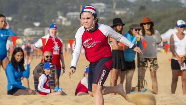 A Copacabana competitor in action during the beach sprint at the Surf Life Saving Central Coast Inclusive Branch Carnival at Copacabana Beach on Sunday. Picture: Troy Snook