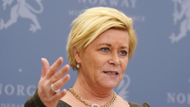 Norwegian Minister of Finance Siv Jensen. Norway’s $US1 trillion wealth fund, the biggest of its kind in the world, will begin dumping shares in oil and gas companies, but stopped short of expelling major producers like ExxonMobil and Chevron. Picture: AP