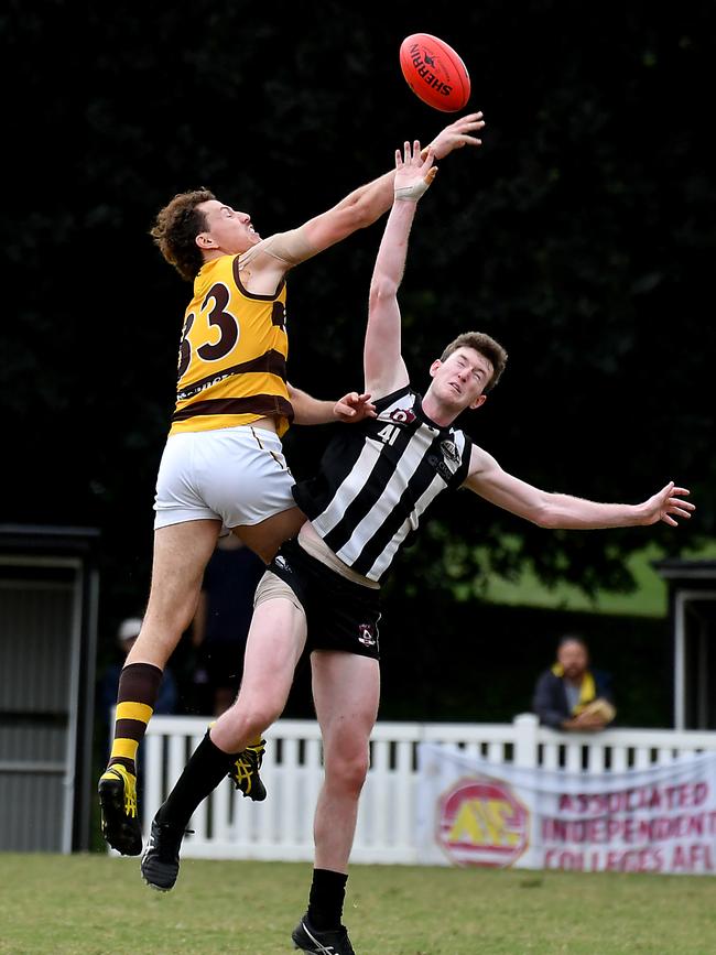 Rucks Will Wolbers and Ethan Harris from Aspley and Sherwood. Photo: John Gass.