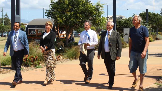 Coffs Harbour MP Gurmesh Singh, Minister for Water, Property and Housing Melinda Pavey, Cr Paul Amos, Cr George Cecato and Commodore John Wait at the announcement of the Jetty Foreshore Project Steering Advisory Committee.