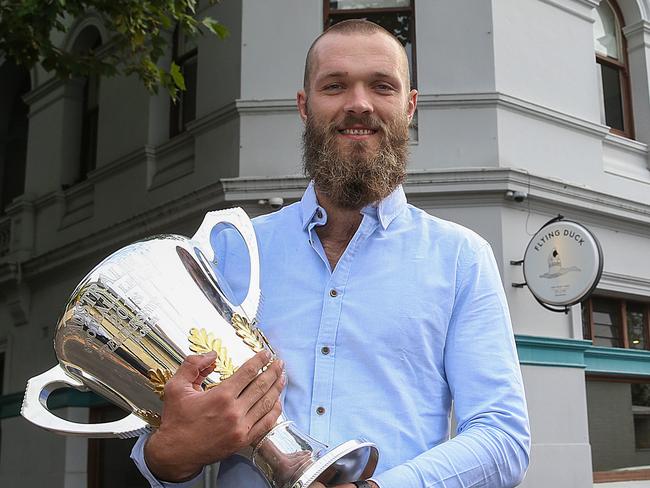 Fox Full-On Footy Tour. Melbourne ruckman Max Gawn with a replica of the 2018 AFL Premiership Cup. Picture : Ian Currie
