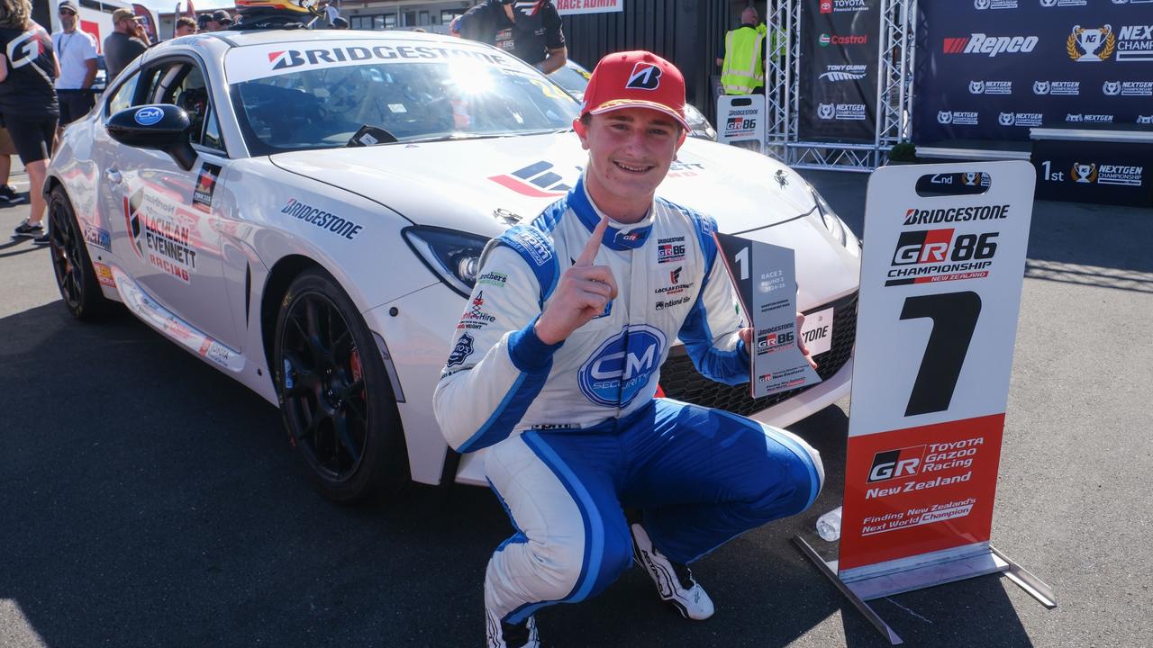 Townsville race car driver Lachlan Evennett, 16, winning race 2 at the Bridgestone GR86 Championship at Hampton Downs, New Zealand. Picture: Toyota NZ.