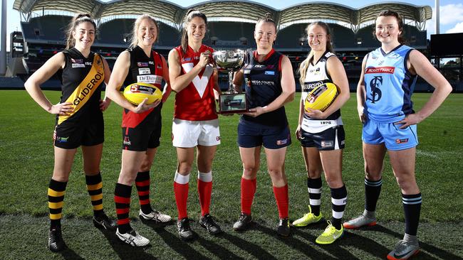 SANFLW players  Ellie Kellock (Glenelg), Rebecca Owen (West), Jess Edwards (North), Bec McMahon (Norwood), Nikki Gore (South) and Paxton Davis-Mattner (Sturt).