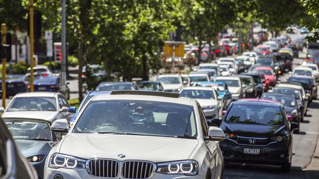 Traffic jammed up on Punt Rd, between Victoria St and Bridge Rd. Picture: Sarah Matray