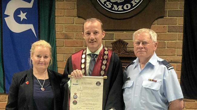 FREEDOM OF THE CITY: LCC general manager Shelley Oldham, mayor Isaac Smith and Commanding Officer of the 326 (City of Lismore) Squadron, Lieutenant (AAFC) Roy Nuttycombe. Picture: Supplied