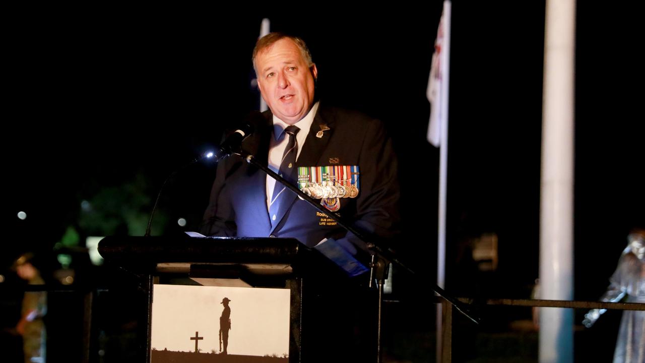 Rooty Hill RSL Sub Branch president Sean Plunkett makes the opening address at the Pinegrove Memorial Park dawn service in Minchinbury. Picture: Angelo Velardo