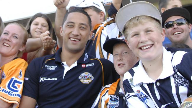 Wests Tigers Benji Marshall announcing his re-signing with the Wests Tigers at Tigers training at Campbelltown Stadium.