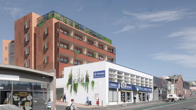 A new 38-unit development, behind the St Vincent de Paul offices in Argyle St, Hobart, will provide homes for women who are at risk of homelessness, with a particular focus on women aged 55 and over. Picture: Maguire + Devine Architects