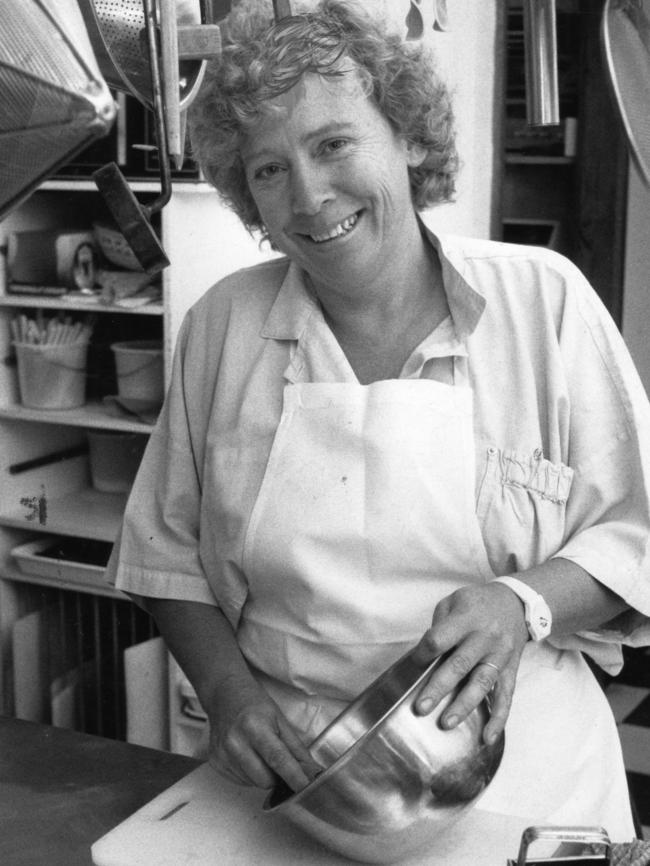 Maggie Beer working in the kitchen at the Pheasant Farm restaurant, South Australia, in 1989.