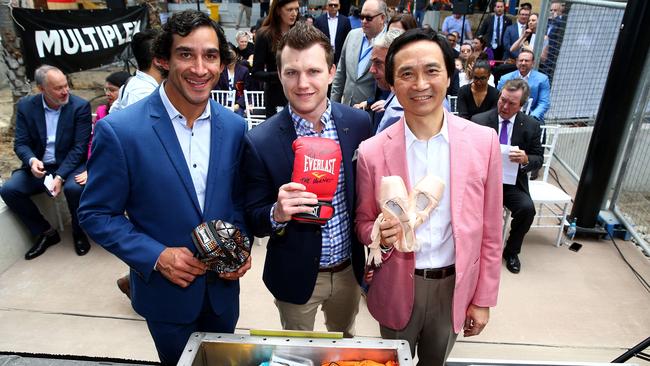 NRL legend Johnathan Thurston, boxer Jeff Horn and Queensland Ballet director Li Cunxin at the Queen's Wharf time capsule ceremony. Picture: Adam Head