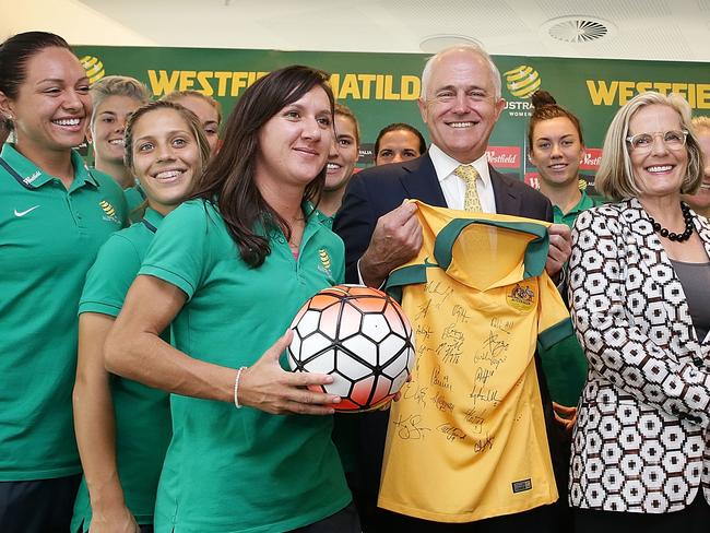 Prime Minister Malcolm Turnbull and his wife Lucy Turnbull with Kyah Simon (left) and other Matildas players during a welcoming ceremony at Sydney Tower on Monday. Picture” Getty