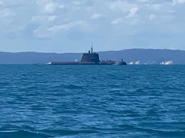 The submarine HMAS Collins is spotted in Moreton Bay on Wednesday. Caught on Fishing/Facebook