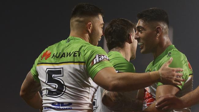 Nick Cotric of the Raiders celebrates a try during the victory. Picture: AAP