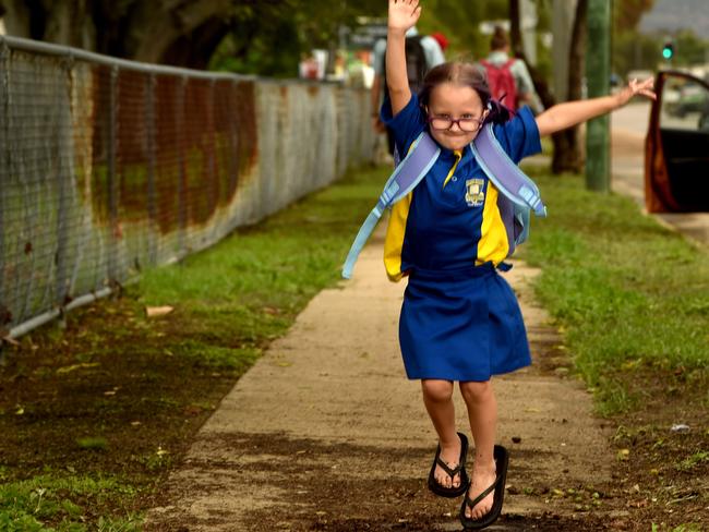 First day back at school at Railway Estate State School. Prep student Paige Condon, 5. Picture: Evan Morgan