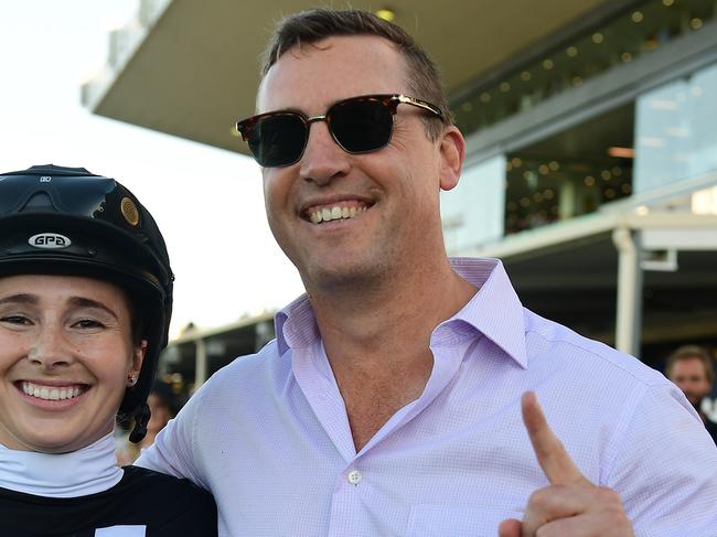 Jockey Georgina Cartwright and trainer Tony Gollan after Niedrop won the Spirit Of Boom Classic at Doomben. Picture: Trackside Photography/