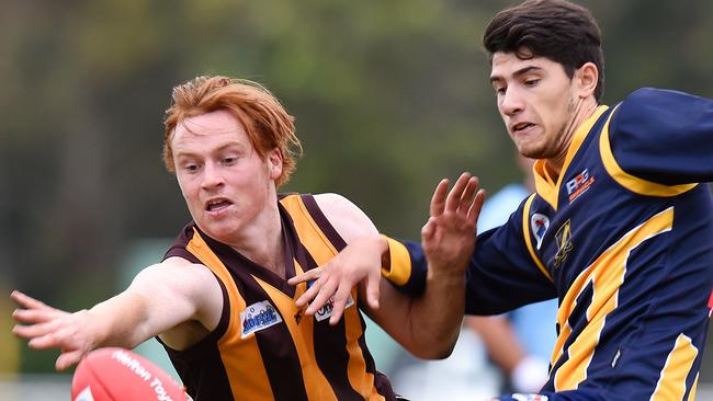 Rupertswood and Woodend-Hesket players battle for the ball in the RDFL. Picture: Josie Hayden
