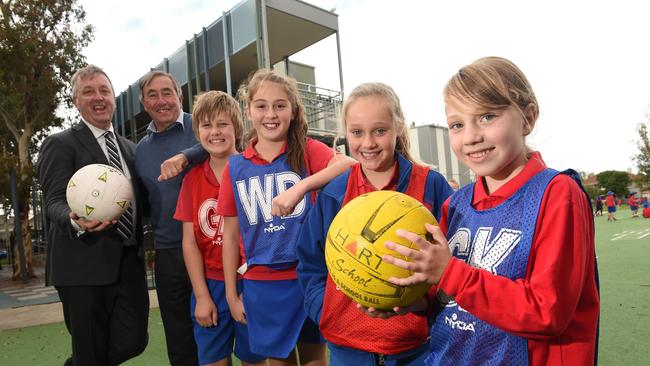 Albert Park MP Martin Foley with Principal Peter Martin and students, Ethan Pfeiler, Caitlin Voss, Claudia Kogler and Eve Spottiswood. Picture: Chris Eastman
