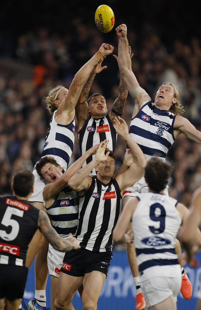 Mark Blicavs and Sam De Koning spoil the ball on Saturday night. Picture: Michael Klein