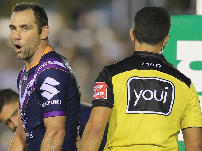 SYDNEY, AUSTRALIA - MARCH 30:  Cameron Smith of the Storm gestures after Cronulla were awarded a penalty during the round four NRL match between the Cronulla Sharks and the Melbourne Storm at Southern Cross Group Stadium on March 30, 2018 in Sydney, Australia.  (Photo by Mark Evans/Getty Images)