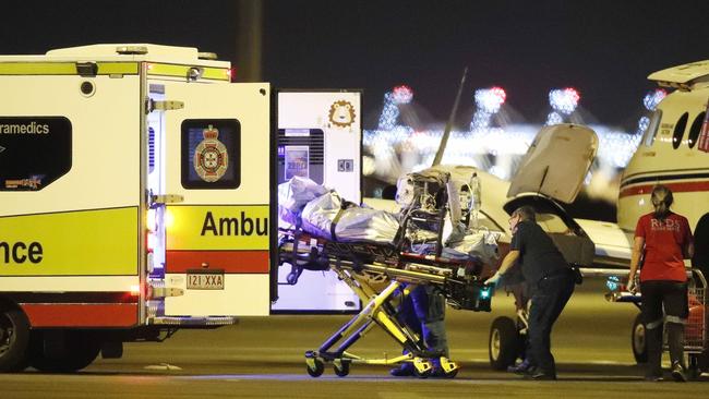 An injured worker from an explosion at Anglo American’s Grosvenor coalmine is flown to Brisbane for life-saving treatment last month. Picture: AAP