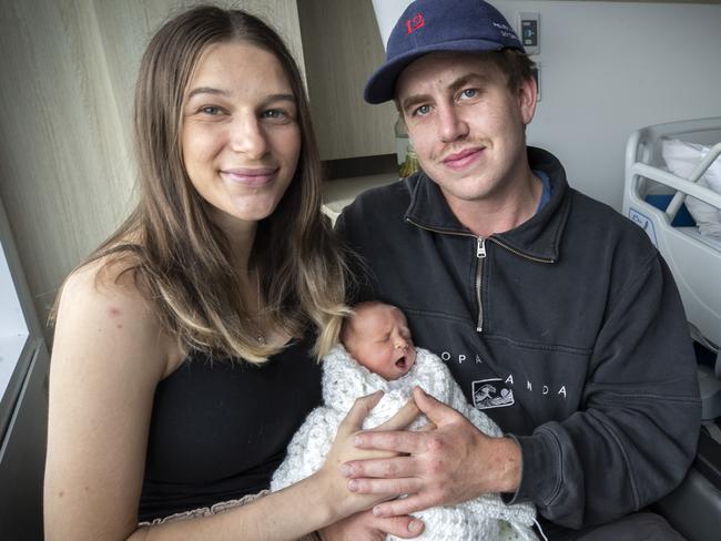 Crystal Tatnell and Liam Wakefield with Rani Vera Wakefield at Royal Hobart Hospital. Picture: Chris Kidd