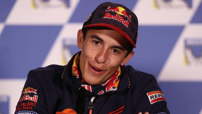 PHILLIP ISLAND, AUSTRALIA - OCTOBER 19:  Marc Marquez of Spain and rider of the #93 REPSOL HONDA TEAM Honda speaks to the media during a press conference ahead of the 2017 MotoGP of Australia at Phillip Island Grand Prix Circuit on October 19, 2017 in Phillip Island, Australia.  (Photo by Robert Cianflone/Getty Images)