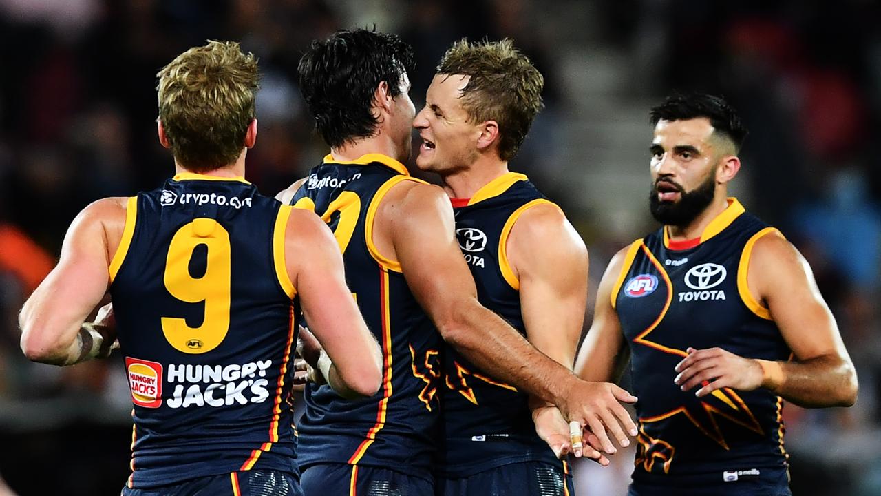 Darcy Fogarty celebrates a goal with Jordan Dawson. Picture: Mark Brake/Getty Images