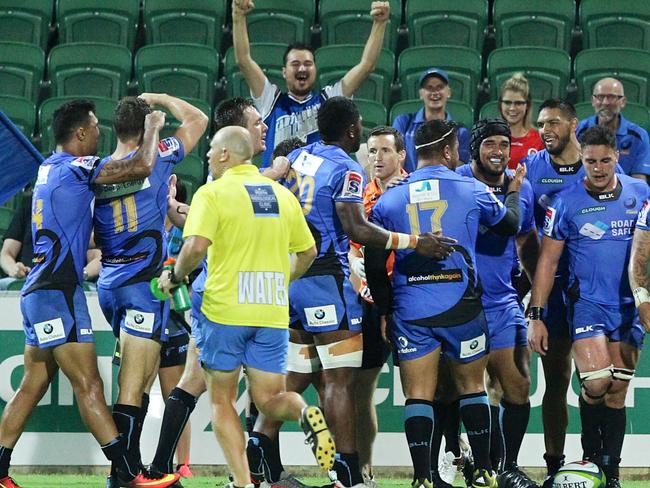 Force players celebrate after scoring a try during the win over the Queensland Reds last Thursday. Picture: AAP