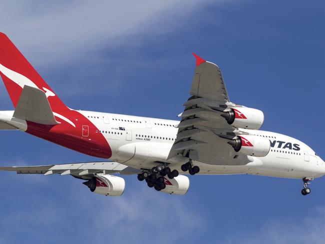 Melbourne, Australia - November 20, 2012: Qantas Airways Airbus A380 (registration VH-OQE) on approach to land at Melbourne International airport after operating flight QF94 from Los Angeles. Australian air travel, generic, qantas