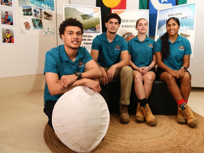 Gudjuda Land and Sea Rangers, Keanu Henaway, Xavier Hellyer, Sanije Krasniqi and Jairel Martin-Savage at the First Nations Youth Expo. Picture: Shae Beplate.