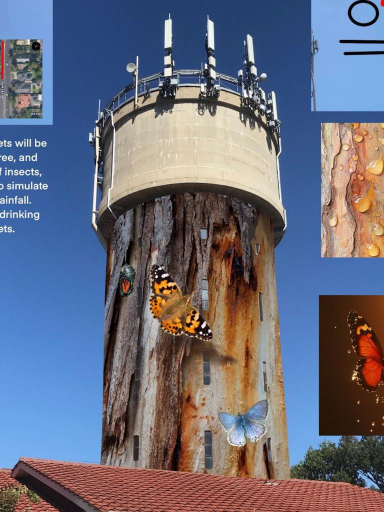 Glenside water tower mural design concept designs will highlight “the complex and fragile balance” of the local environment. Pictures supplied.