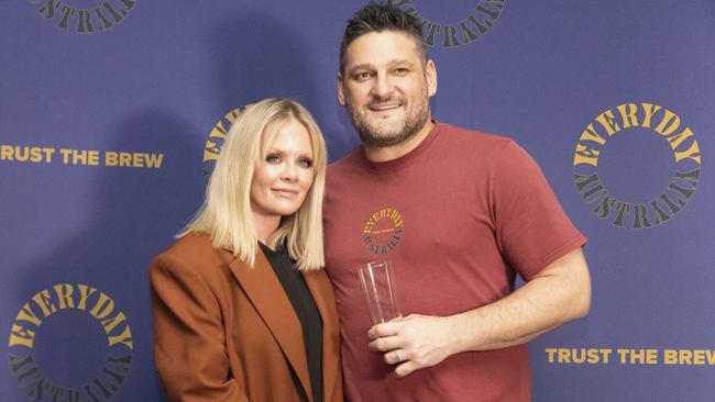 Brendan Fevola launches his beer, Everyday Australia, alongside fiance Alex. Pic: Britt Lucas