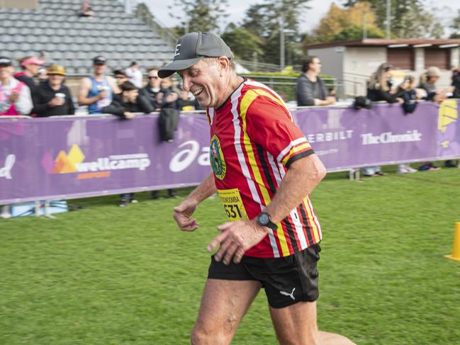 Brett Ebneter finishes the half marathon of the Toowoomba Marathon event, Sunday, May 5, 2024. Picture: Kevin Farmer