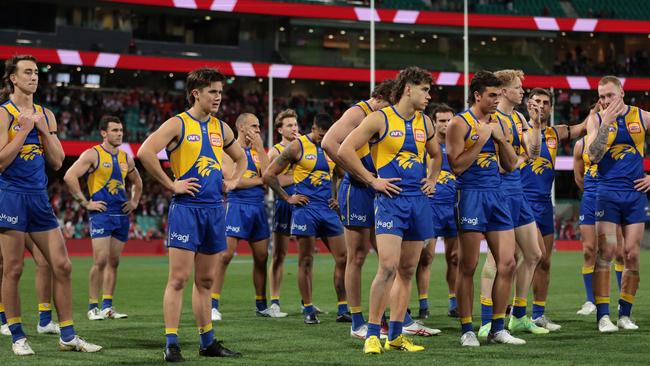 SYDNEY, AUSTRALIA - JUNE 24: Eagles players look dejected after defeat during the round 15 AFL match between Sydney Swans and West Coast Eagles at Sydney Cricket Ground, on June 24, 2023, in Sydney, Australia. (Photo by Mark Metcalfe/AFL Photos/via Getty Images )