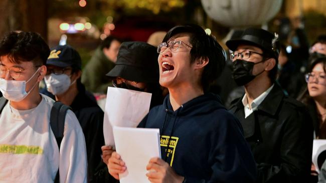 People gather to protest at the University of California Berkeley campus in Berkeley, California.