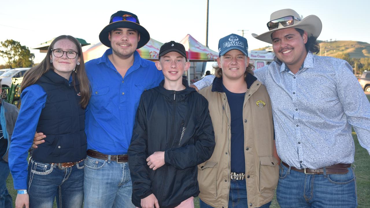 Amy Beck, Hugh Browne, Jack Green, Liam McKinney and Cody Iverson at the 2021 Killarney Rodeo. Photo: Madison Mifsud-Ure / Warwick Daily News