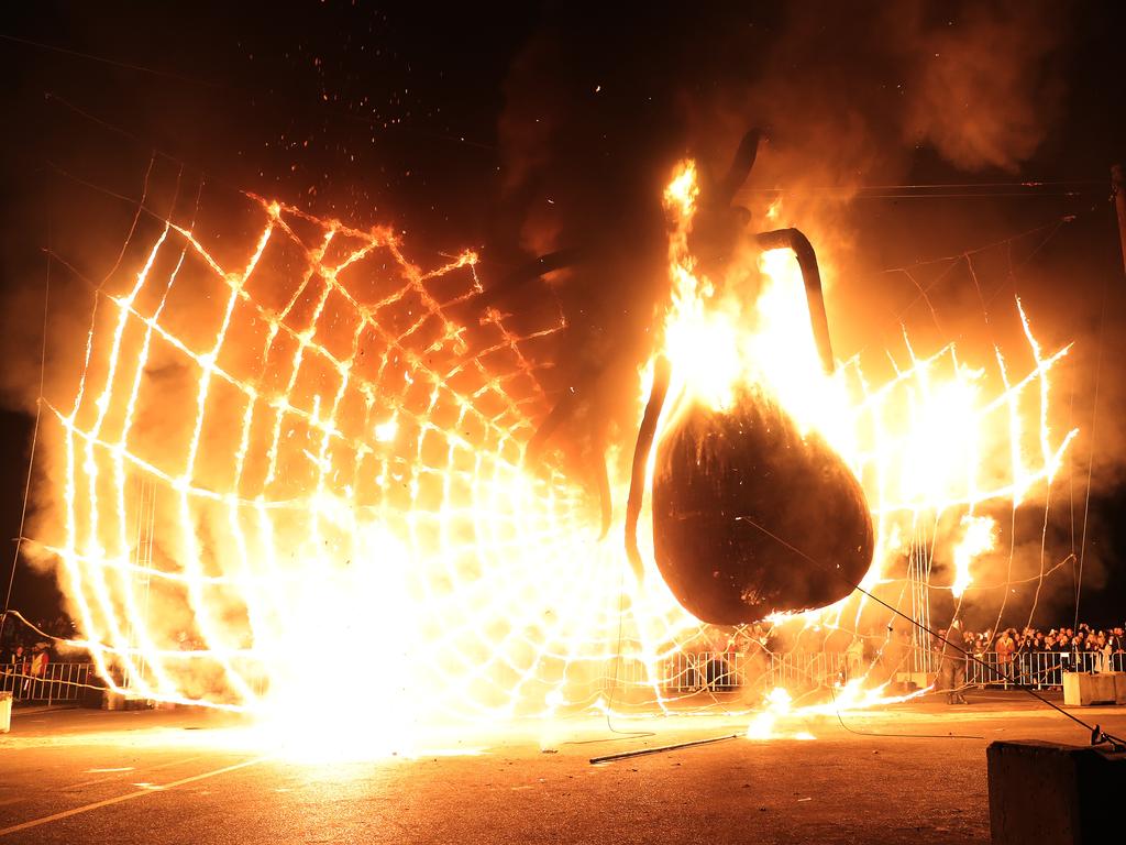 The spider shaped Ogoh-Ogoh engulfed in fire during The Burning at Dark Park Picture: LUKE BOWDEN