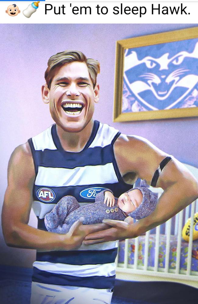 The Geelong Cats posted this funny caricature of Tom Hawkins after he became a father for the third time last week. Picture: Instagram