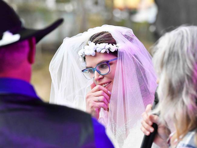 Simone Ward and Geoffrey Borninkhof, were married on The Hill Stage at Gympie Music Muster. Picture: Patrick Woods.