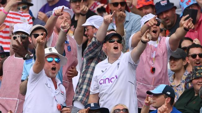 BIRMINGHAM, ENGLAND - JUNE 17: Supporters in the Hollies Stand enjoy the day during Day 2 of the LV= Insurance Ashes 1st Test match between England and Australia at Edgbaston on June 17, 2023 in Birmingham, England. (Photo by Stu Forster/Getty Images)