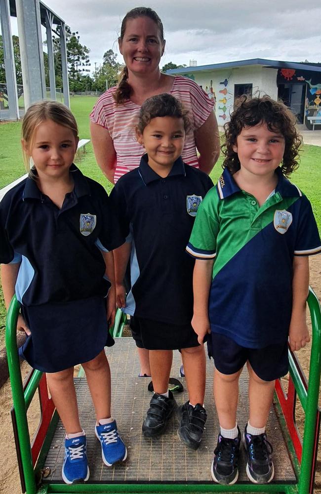 From left: Remi-Jae Firth, Kitticha Davis and Aurora White (Kennedy Dittmann absent). Teacher: Teacher: Shelley Gell. Bloomsbury State School prep class 2022 Picture: Contributed