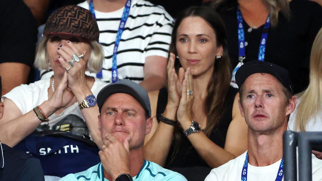 2025 Australian Open Tennis, Day Seven. Lleyton and Bec Hewitt watch son Cruz Hewitt (AUS) in action against MooBeen Kim (KOR). Picture: Mark Stewart